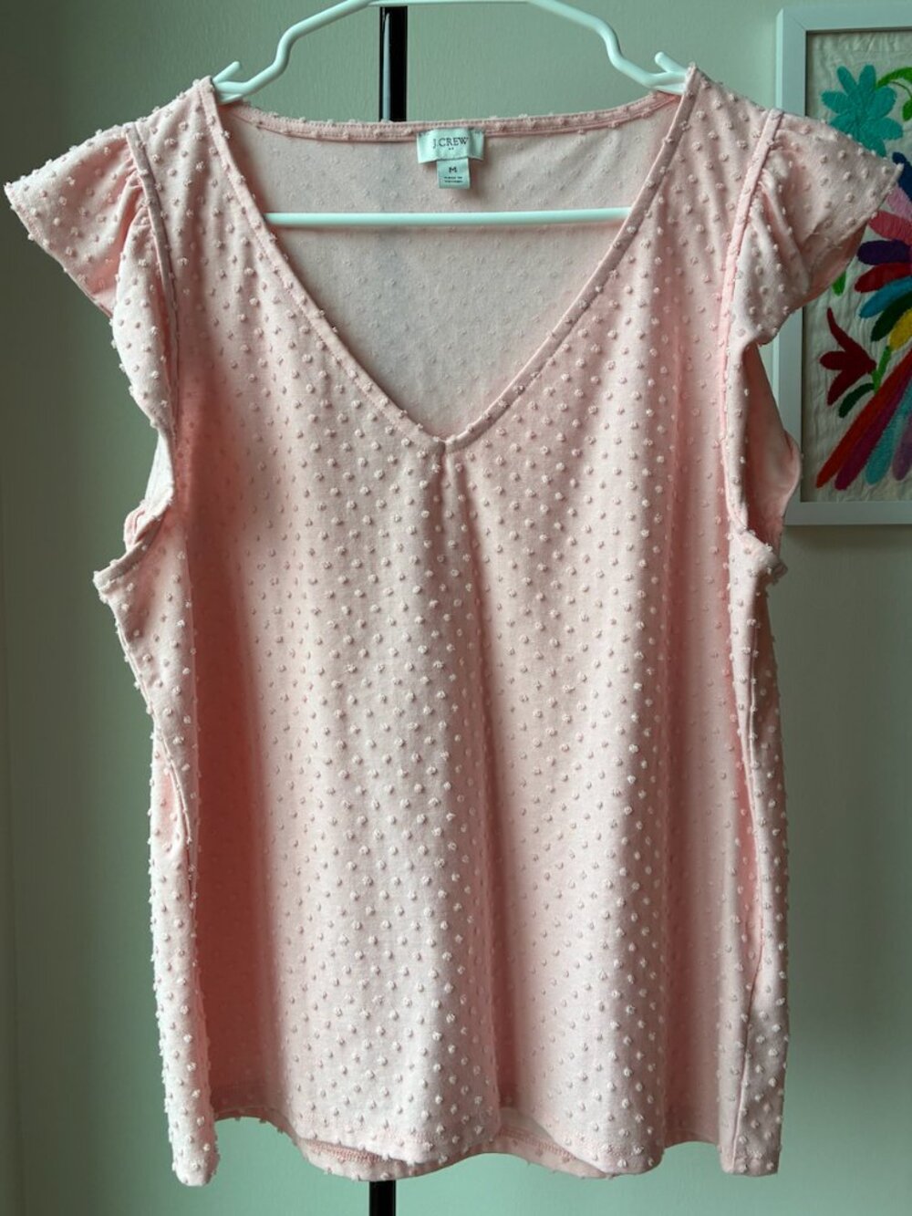 J. Crew Pink Swiss Dot Flutter Sleeve Blouse - Size M